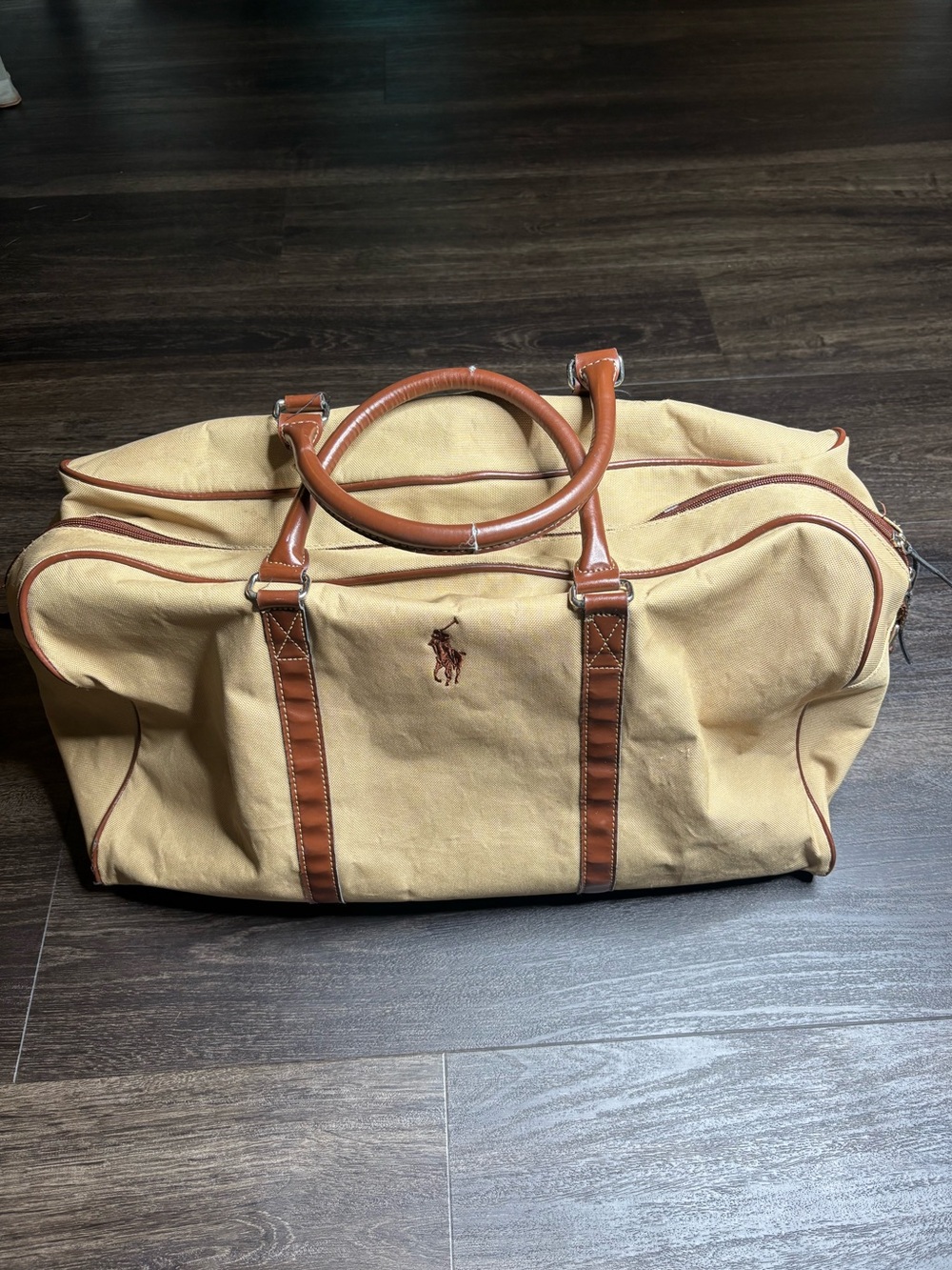 Vintage Ralph Lauren Mens Beige & Brown Canvas With Shoulder Strap Travel Duffle